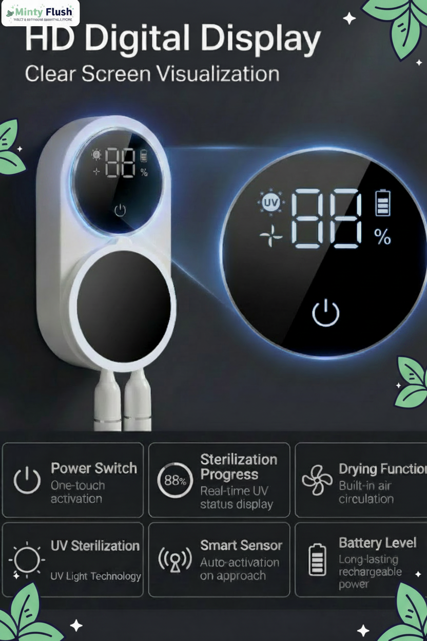 Minty Flush HD display infographic with mint leaves